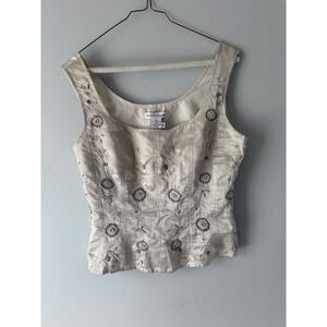 New Port News Champagne Satin Embroidered Floral Beaded Sleeveless Top Size 10